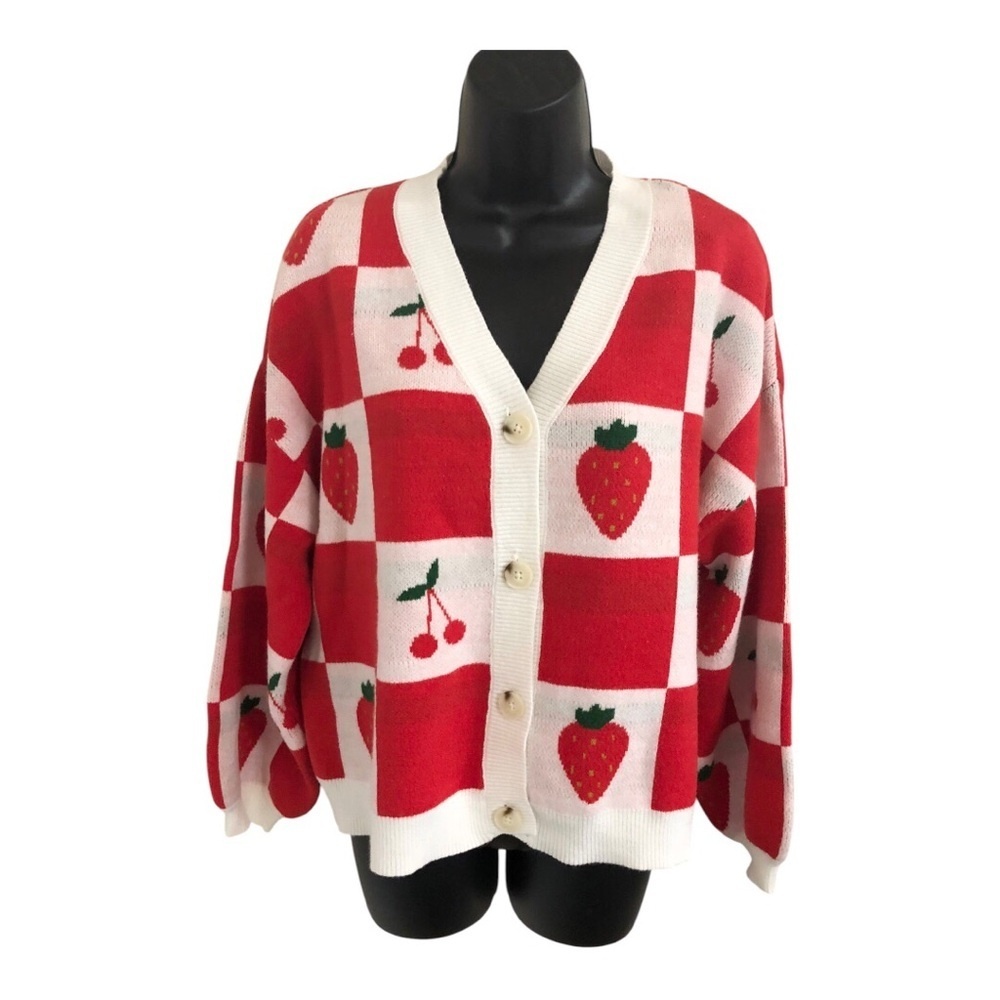 Sincerely Jules red white checkered strawberry & cherry print cardigan size S